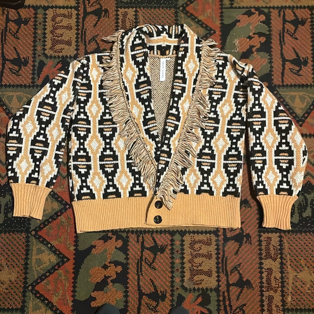 Grace + Karma Sweater. Yellow native print with fringes